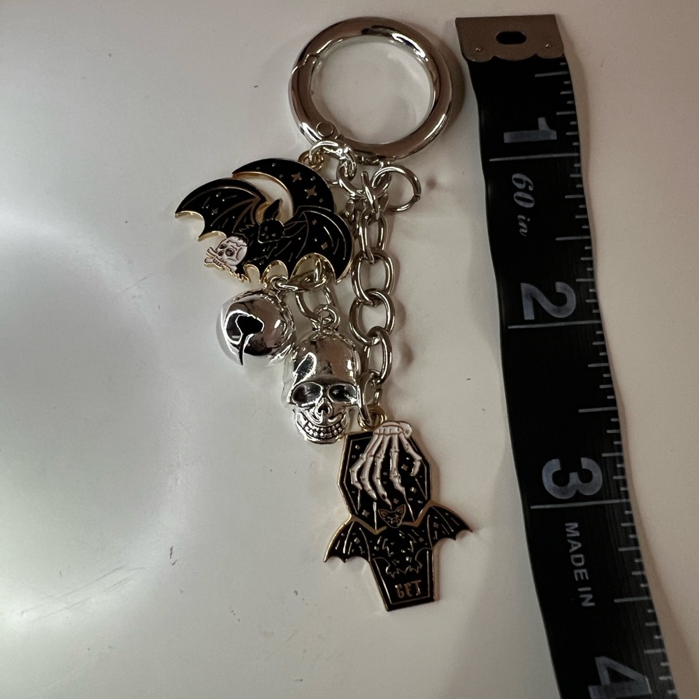Gothic Coffin & Bat Charm Keychain – Skeleton Hand, Skull, and Moon Details - Picture 5 of 5